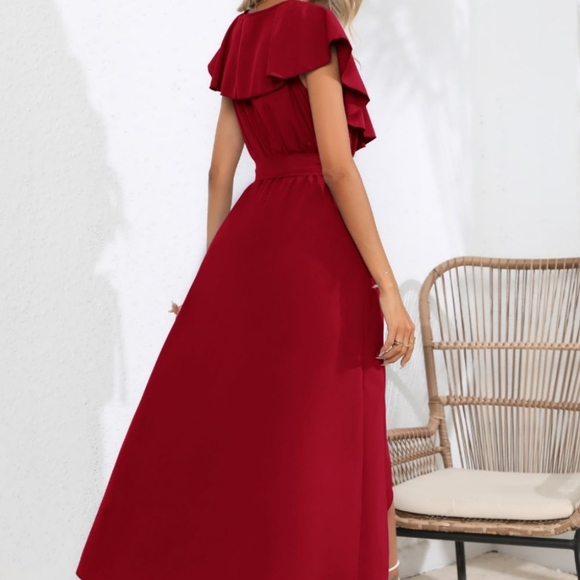 Wine Ruffled Tied Midi Dress - Picture 3 of 11